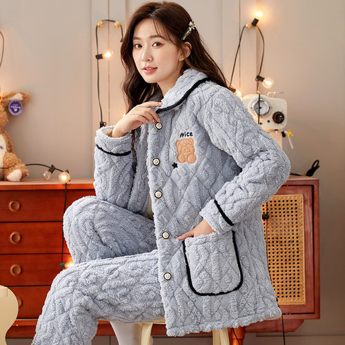 轩朵淇珊瑚绒夹棉加绒加厚睡衣女