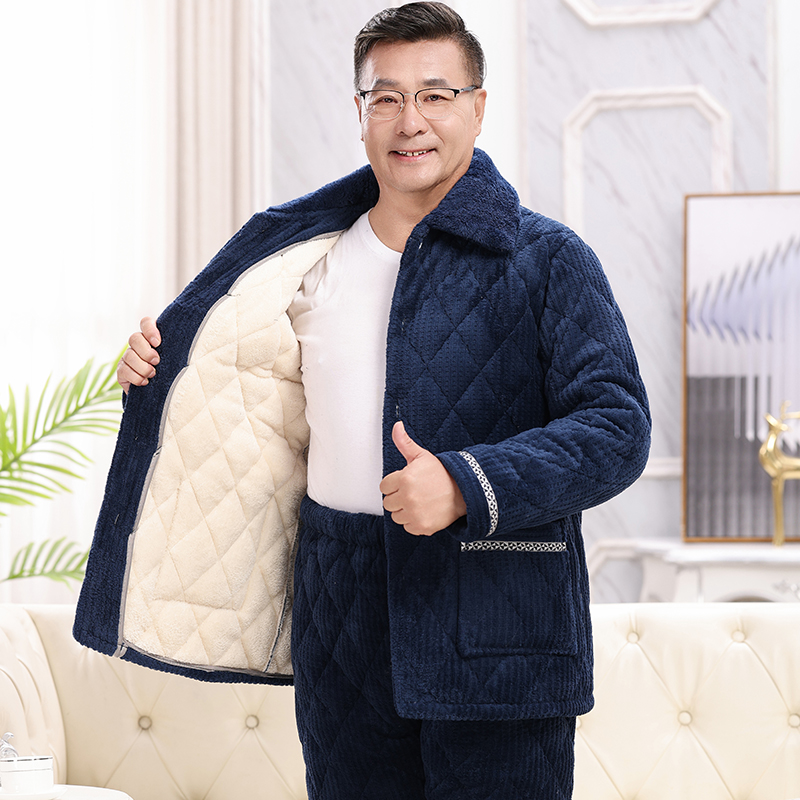 睡衣男冬款三层加厚加绒珊瑚绒夹棉中老年人保暖爸爸家居服秋冬季