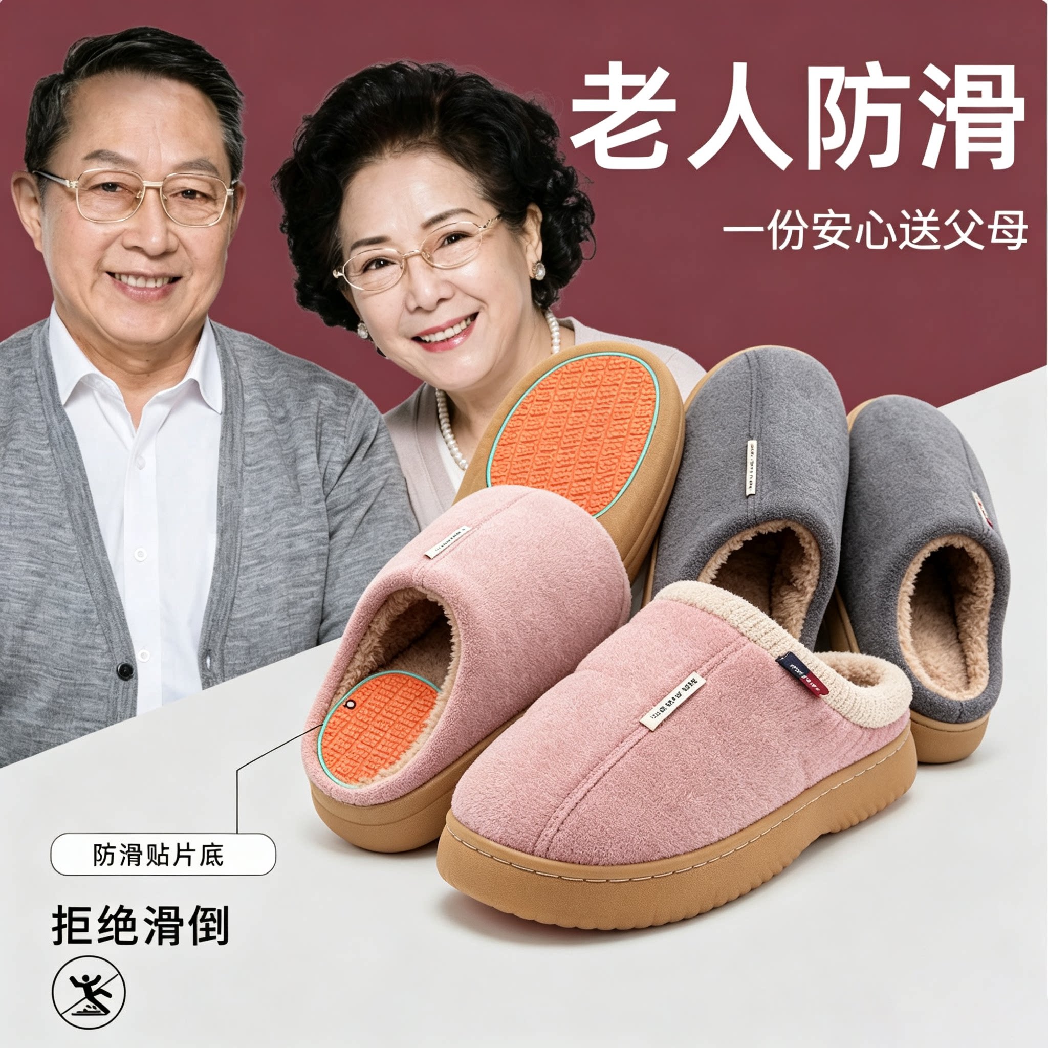 老人防滑防摔棉拖鞋老年人专用室内家居防臭毛拖鞋女款冬