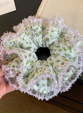 清新绿色碎花大肠发圈女扎头发双层高级感头花丸子头扎头发饰头绳