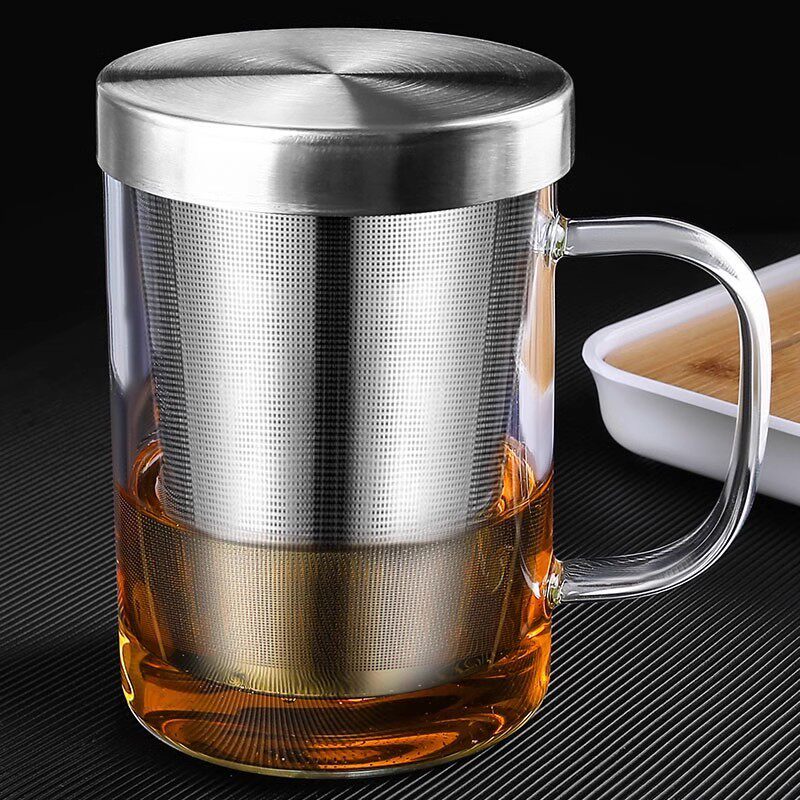 大容量不锈钢玻璃茶杯干部杯透明把手办公室茶水分离过滤泡茶杯子