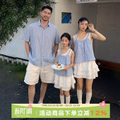 特别 母女海边度假套装 亲子装 一家三口格子衬衫 母子 夏装 不一样