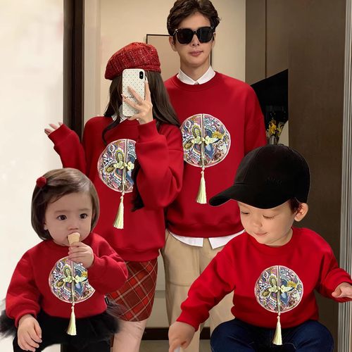 新中式秋冬刺绣亲子卫衣红色