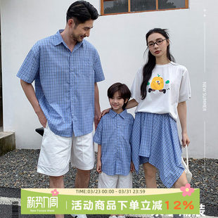 韩版ins超火的亲子装海边度假格子衬衫母女款格子裙一家三口夏装