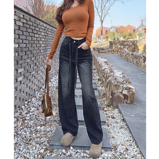 buling满天星⭐黑灰色重工烫钻牛仔裤女春款设计感显瘦阔腿弯刀裤