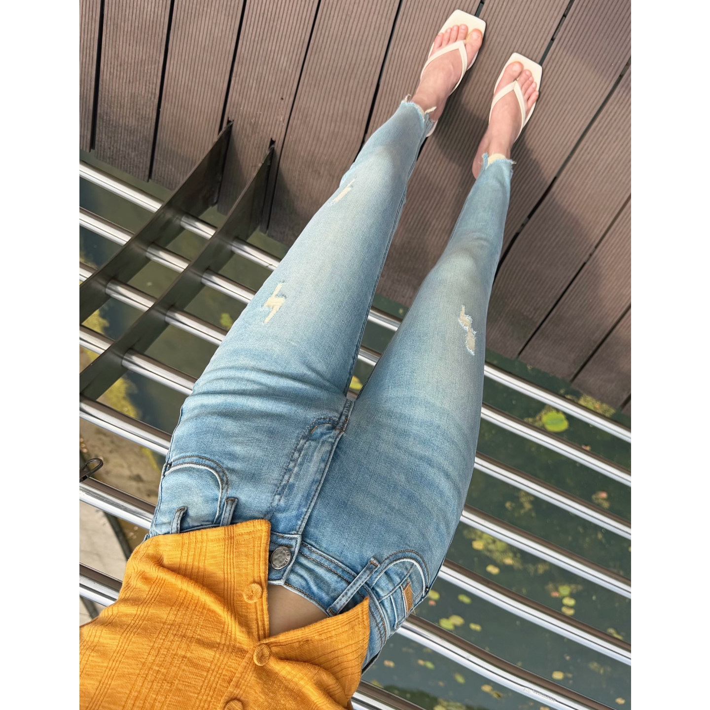 夏季超薄款~浅蓝色破洞牛仔裤女小个子九分裤高腰弹力紧身小脚裤