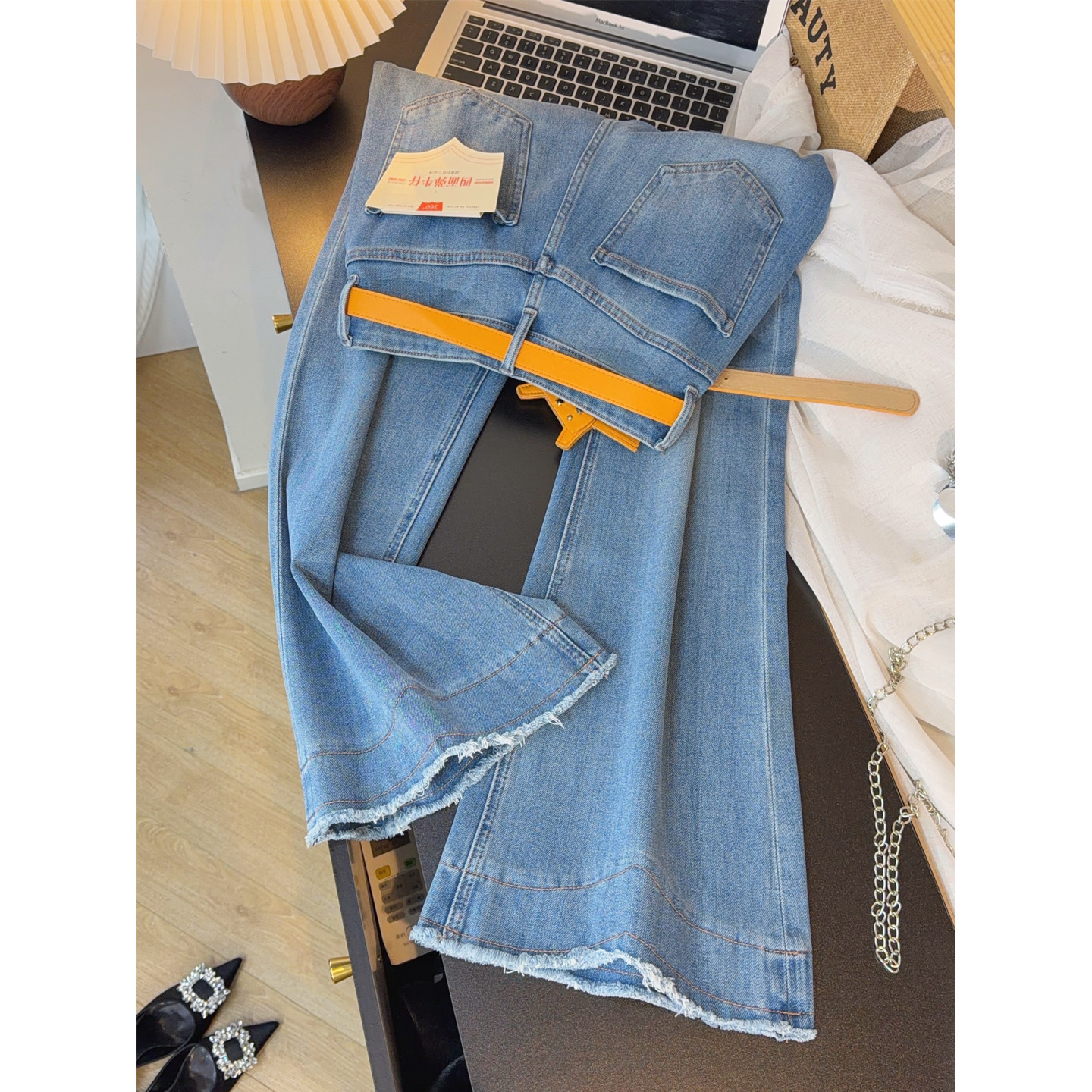 腿长一米七！蓝色高腰宽松不贴腿喇叭牛仔裤女春四面弹毛边微喇裤