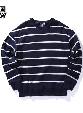 衫国演义CAVE春秋款男女条纹情侣圆领卫衣