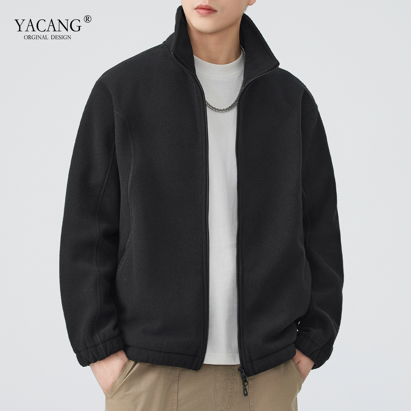 雅仓秋冬美式复古立领抓绒卫衣男