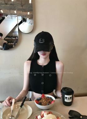 Mengling梦玲 智系姐姐 古早黑无袖针织短款挂脖修身背心
