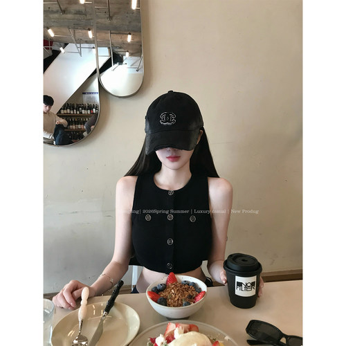 Mengling梦玲 智系姐姐 古早黑无袖针织短款挂脖修身背心