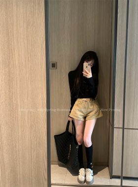 Mengling梦玲 美式姐系 卡其色休闲牛仔短裤女百搭经典阔腿热裤