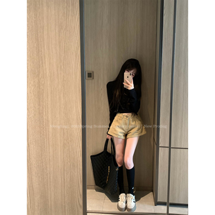 美式 阔腿热裤 姐系 女百搭经典 卡其色休闲牛仔短裤 Mengling梦玲