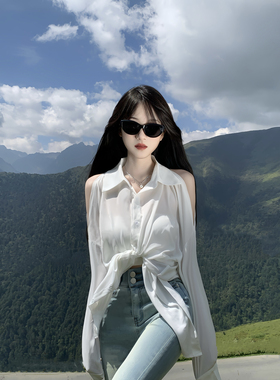 Mengling梦玲 小个子 小众露肩长袖衬衫女早秋季度假风宽松上衣