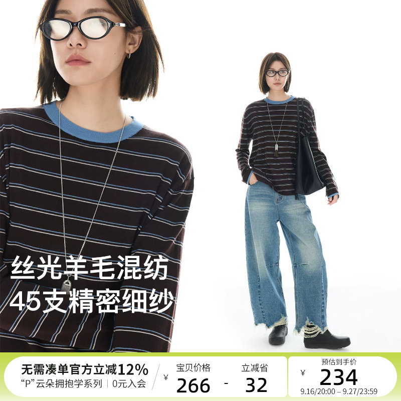 云上生活【织梦】丝光羊毛混纺撞色条纹针织衫女显瘦落肩袖上衣图片