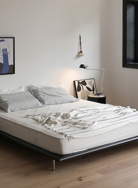 日式无床头实木床北欧现代简约橡木黑色榻榻米双人床1.8米1.5矮床