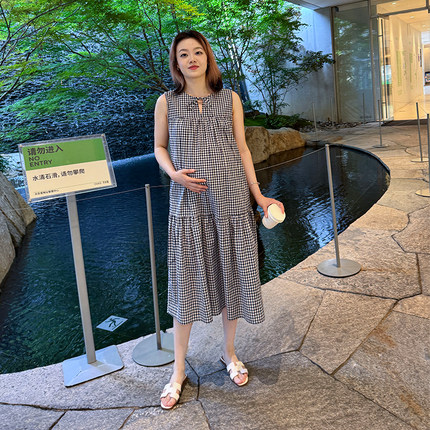 孕妇连衣裙纯棉格子宽松A字无袖时尚法式裙子2025新款孕妇装夏装