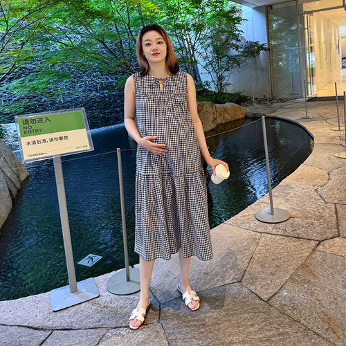 孕妇连衣裙纯棉格子宽松A字无袖时尚法式裙子2026新款孕妇装夏装