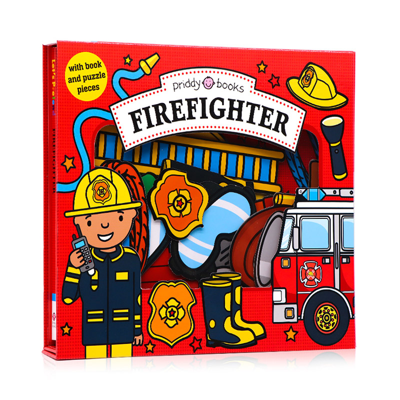 角色扮演系列 消防员 Let's Pretend Firefighter 英文原版绘本 拼图游戏书 活动书硬页掀翻操作书 精美礼盒装纸板书