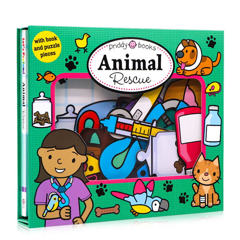 进口英文原版正版绘本 角色扮演系列营救动物Let's Pretend Animal Rescue 拼图游戏书 活动书硬页掀翻精美礼盒装纸板书