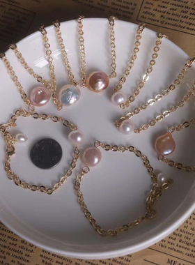 天然淡水彩色纽扣珍珠铜包金项链