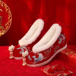 冬季汉服婚鞋加绒新款高跟红色结婚绣花鞋古风新娘古装汉服鞋子女