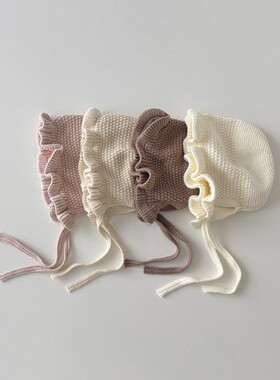 婴儿帽子秋冬季新款花边针织帽女宝宝毛线系带护耳帽甜美风1一2岁