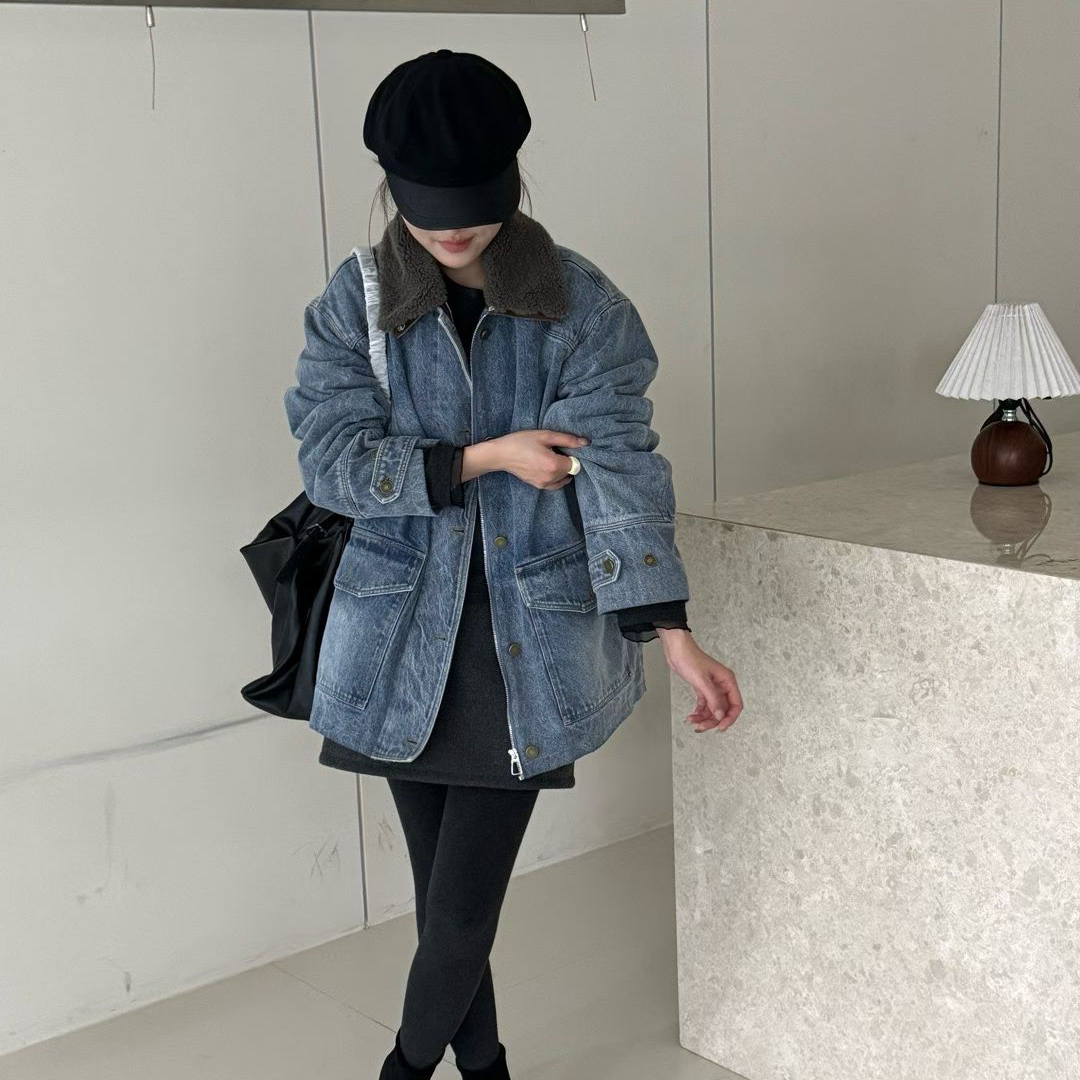 多多风牛仔保暖羽绒服外套(配毛领羊羔毛仿毛可拆卸)L253513