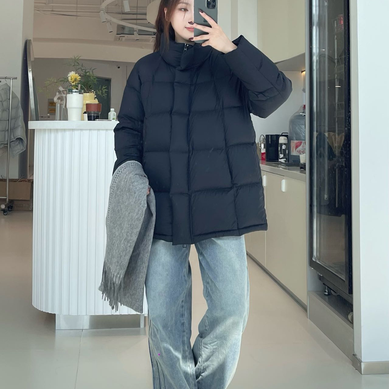 多多防面料oversized立领方格显瘦不臃肿保暖羽绒服外套8581096