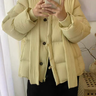 多多众泡芙方格宽松绗缝保暖羽绒服外套(配可拆卸针织帽子)7396