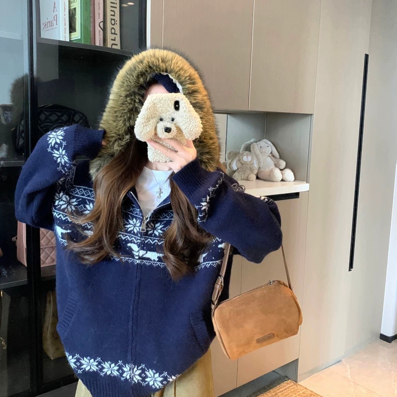 多多小众复古费尔岛撞色大毛领连帽休闲外套毛衣L-235X6845