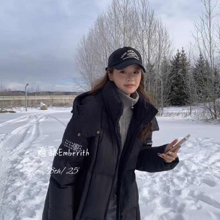 多多小众半褶花纹长款连帽时尚百搭保暖羽绒服外套S1-JL3899