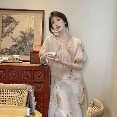 多多店国风新中式-26夏上新水晶纱刺绣气质时尚系带连衣裙L123