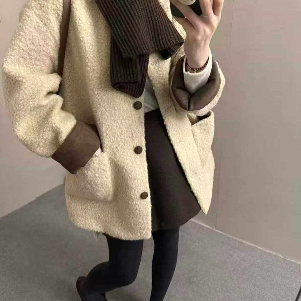 多多领毛绒绒宽松百搭中长款简约保暖羽绒服外套(配围巾)c88652