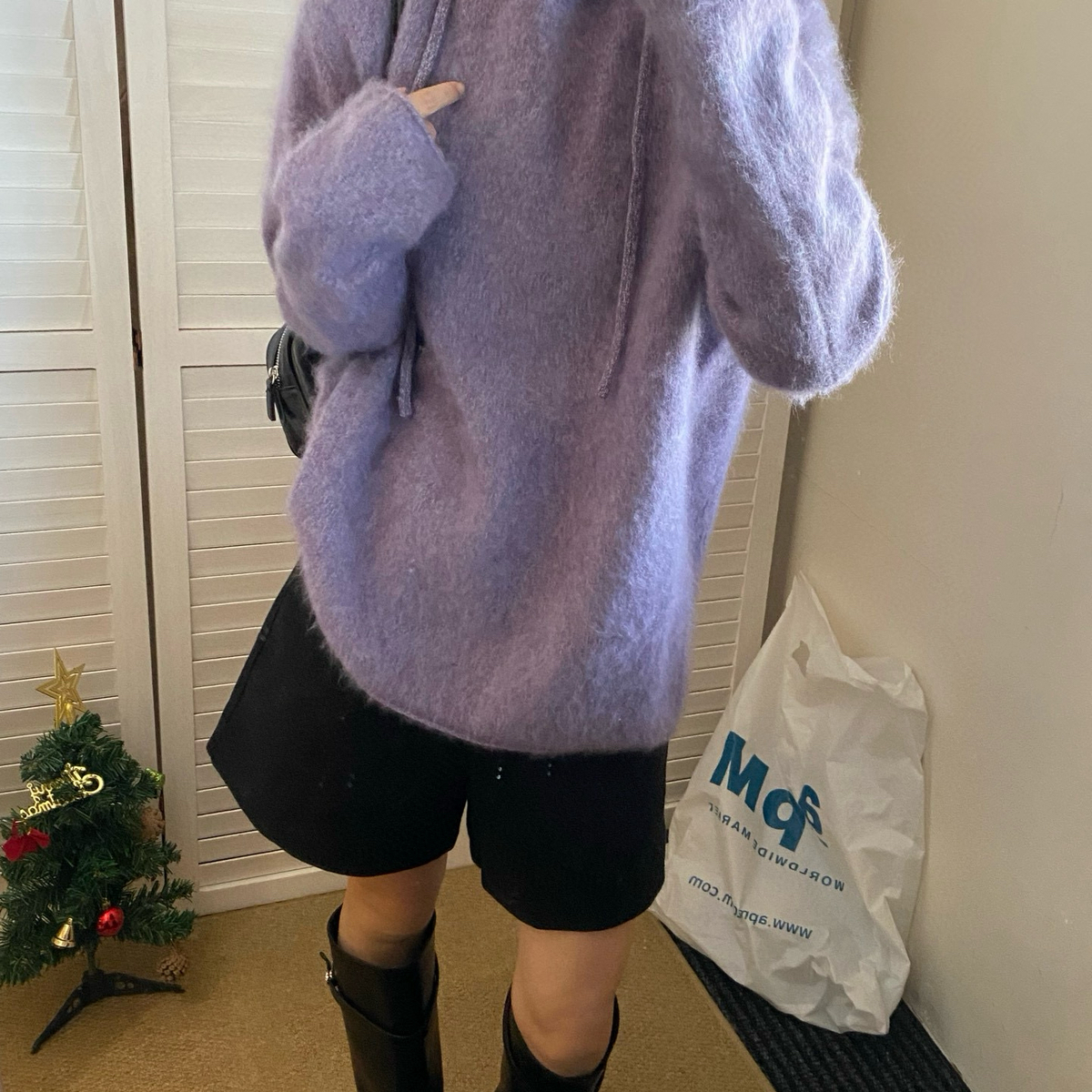 多多小众设计绒花纱拉毛连帽套头帽衫羊绒衫(含90羊毛)M85-009