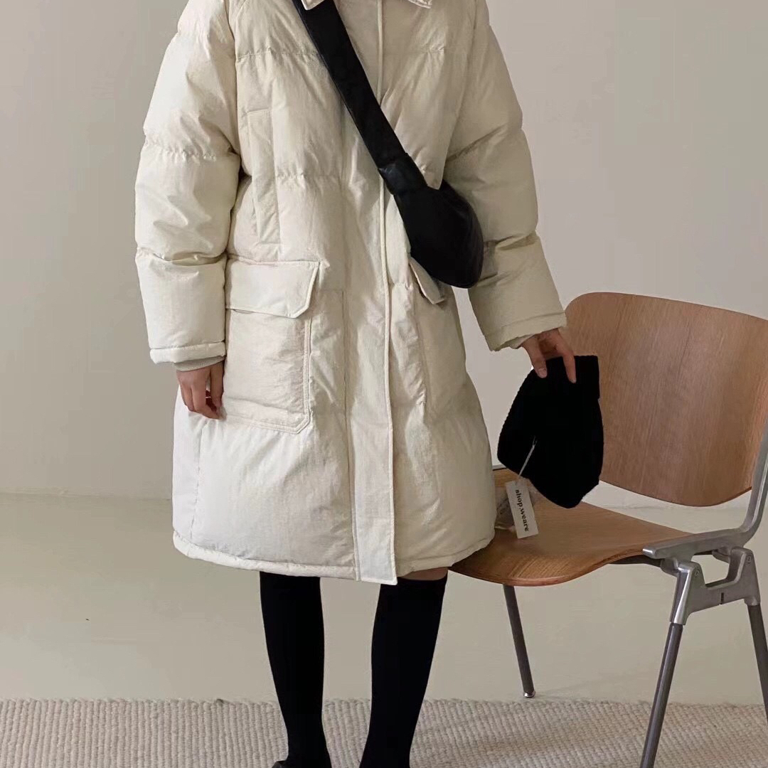 多多小众冬上新韩国设计感气质翻领大口袋保暖长款大衣11277