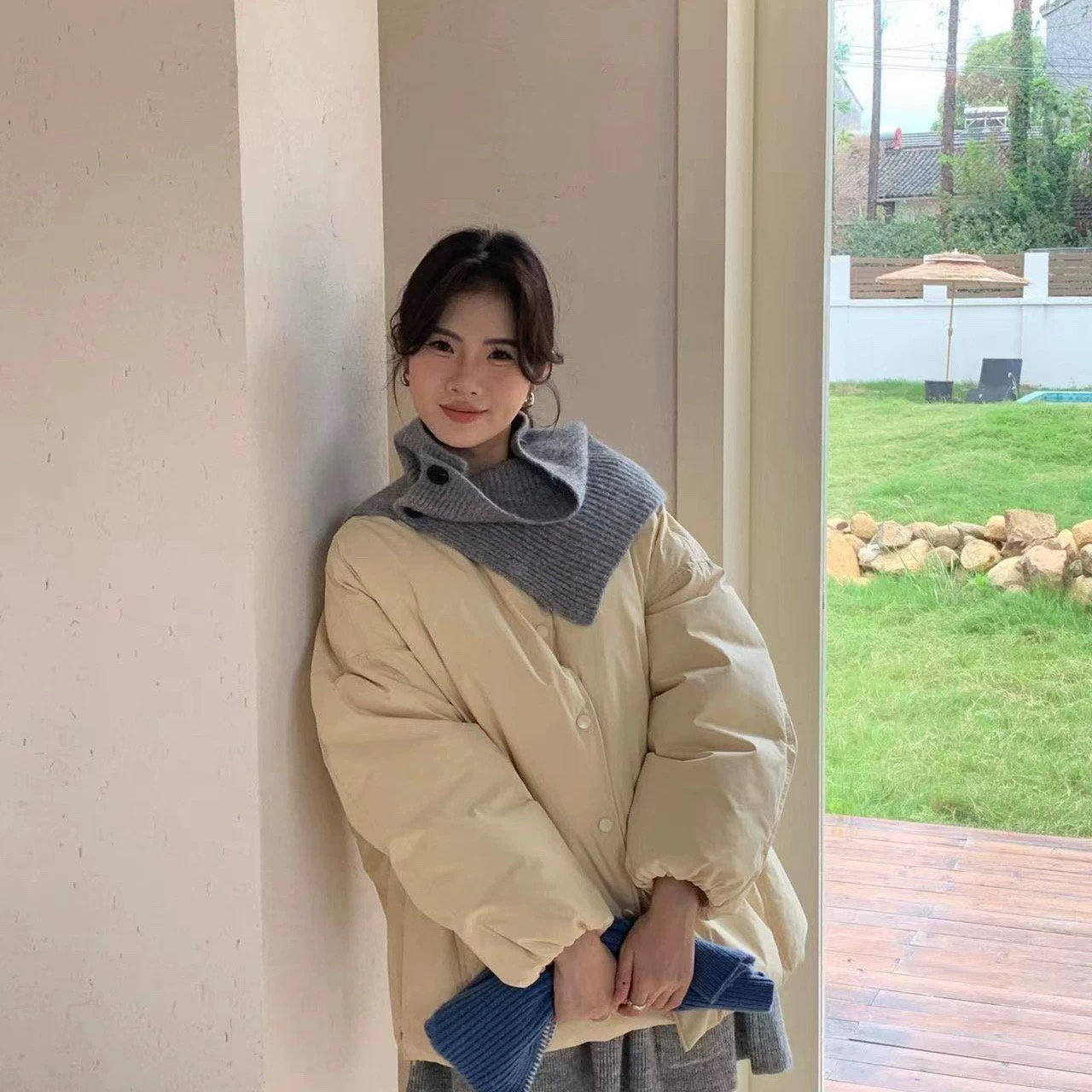 多多系百搭圆领单排宽松保暖羽绒服外套(配针织围脖)YS1-2521