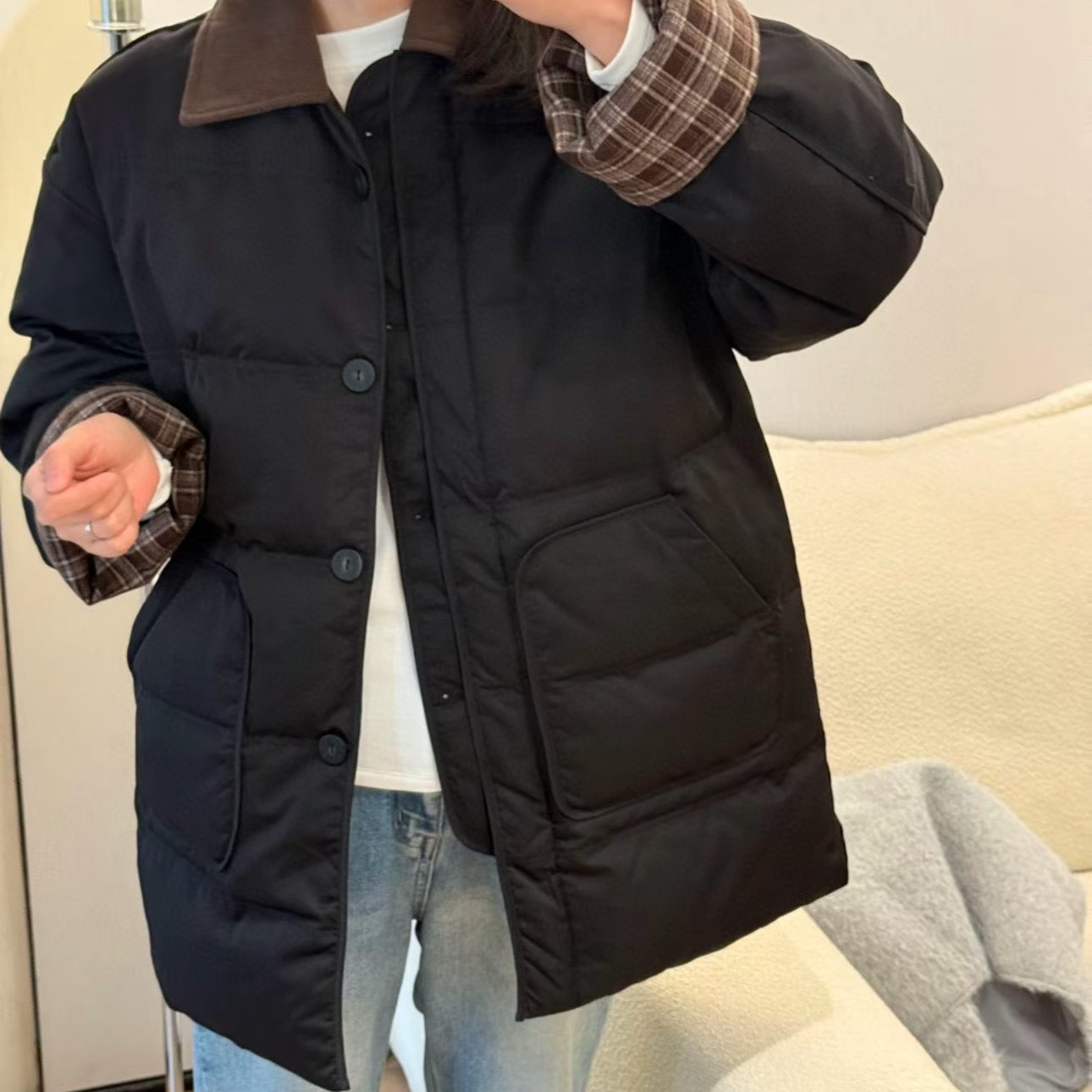 多多撞色翻领宽松绗缝中长保暖羽绒服外套65B76225