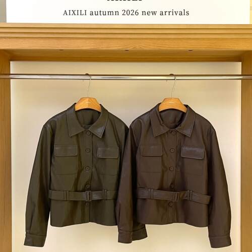 2026秋里约艺术复古气质收腰翻领单排系扣通勤皮衣上衣短外A2565