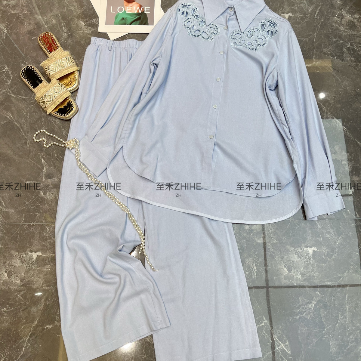 多多设计-中式亚麻棉绣花衬衫+休闲裤两件套套装(不含项链)t1326