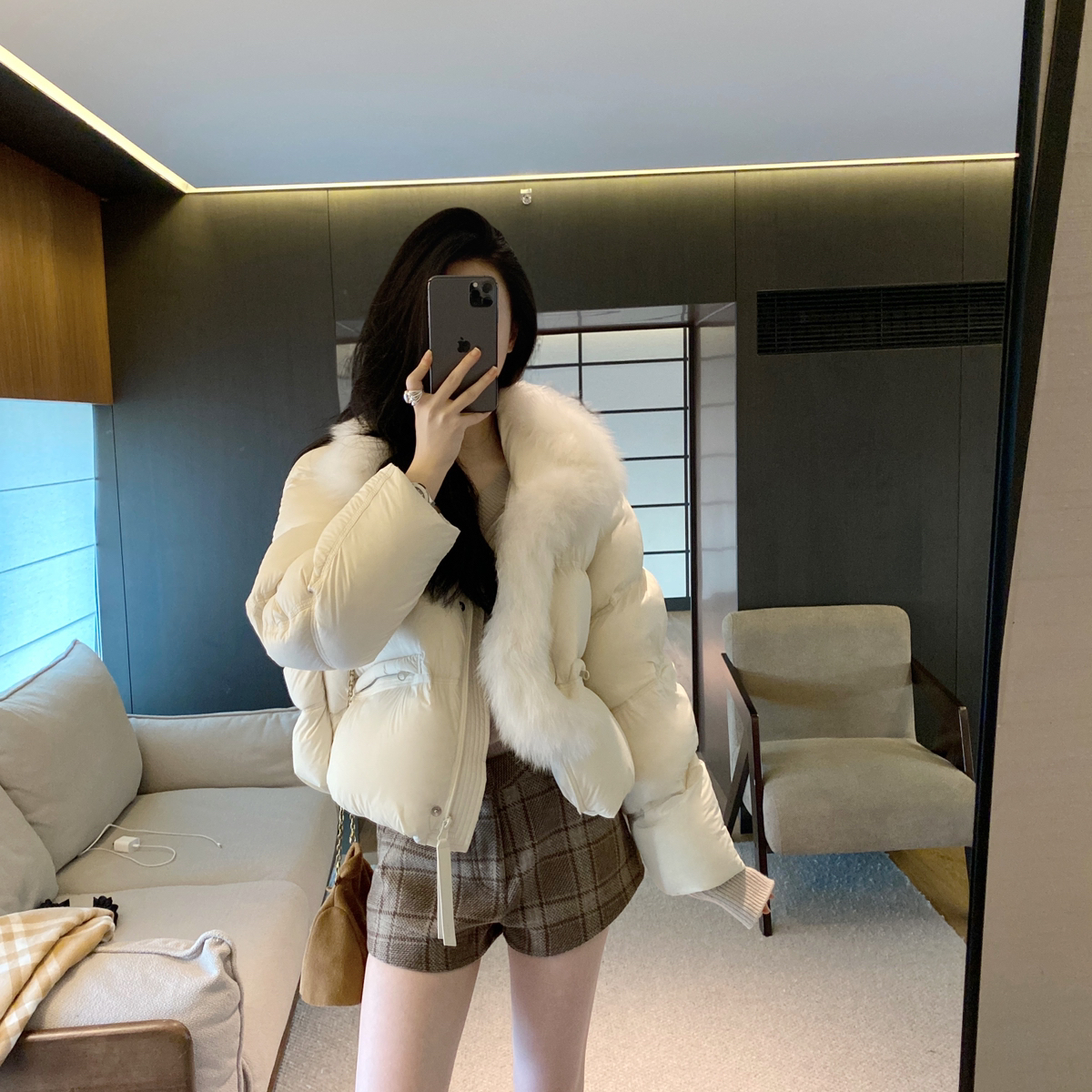 多多设计款绗缝工艺保暖羽绒服外套(不可拆卸真狐狸毛毛领)2587