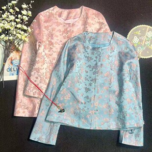 多多店新一眼心动的雾蓝提花真丝交织新中式圆领短外套YS19-G227