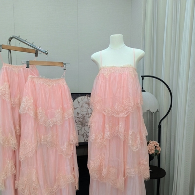 多多品肌理重工蕾丝吊带连衣裙长款夏款女连衣裙KL2387长款