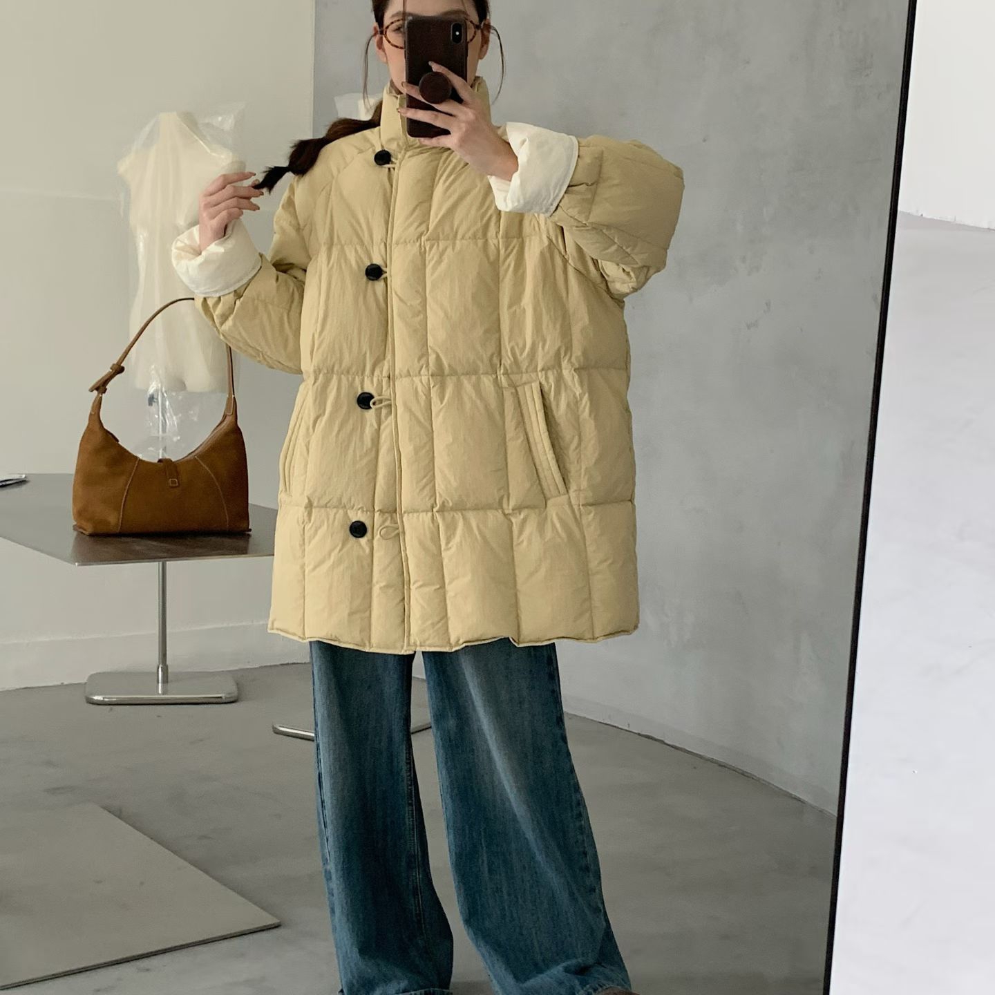 多多冬上新日系简约加厚中长款保暖羽绒服外套63907