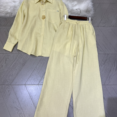 多多设计店级松弛感老钱衬衫+阔腿裤亚麻花扣子两件套套装Y20216