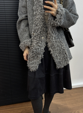 多多慵懒风卷毛宽松中长款羊毛外套（含91.6绵羊毛）866-25137