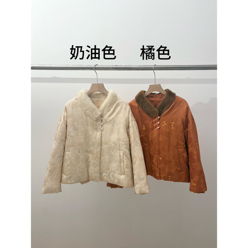 多多小众设计冬上新复古提花葫芦梅花刺绣鹅绒服真水貂毛领斜襟盘