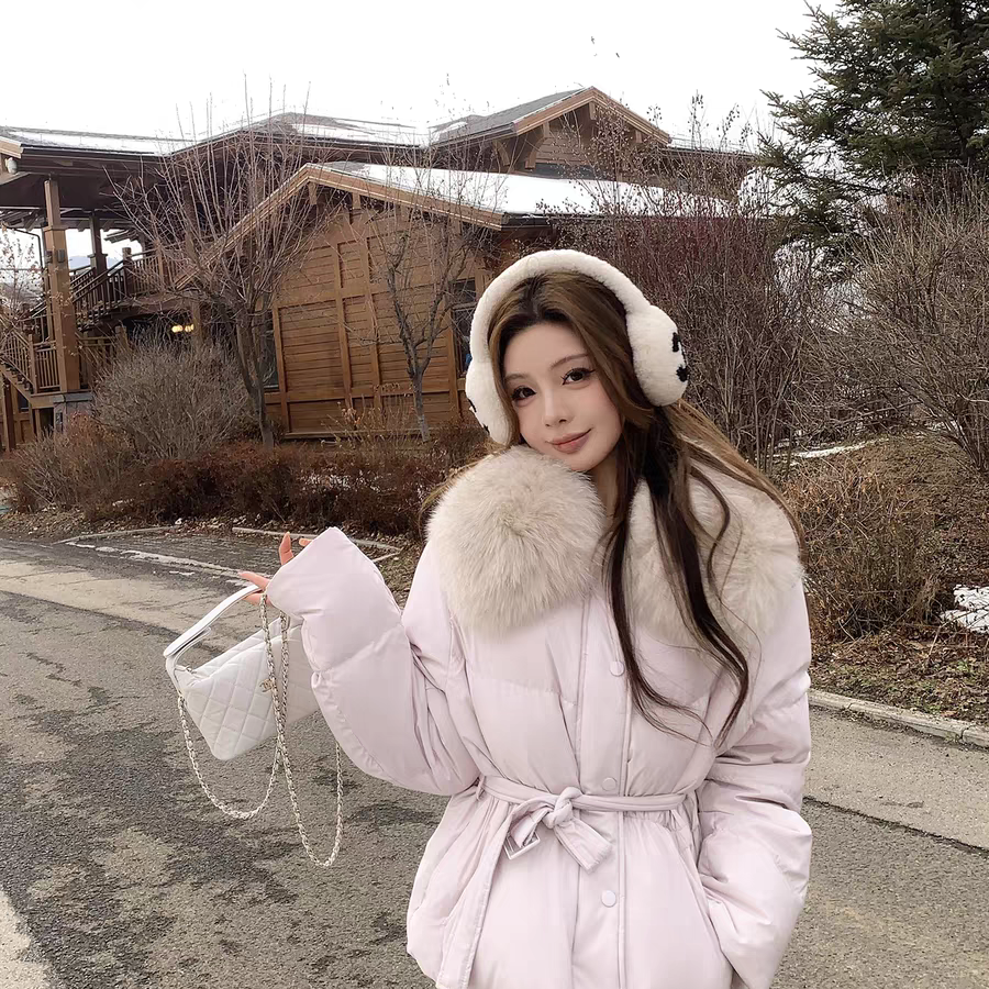 多多中长保暖羽绒服外套(配可拆真狐狸毛毛领腰带)(冬上新)J2424