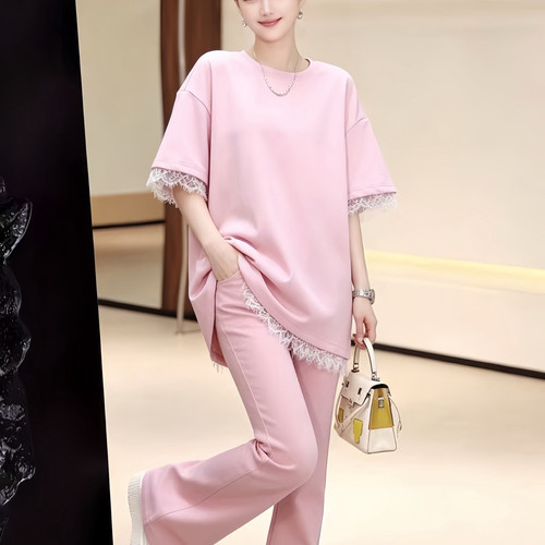 多多上新重工假两件蕾丝拼接时尚减龄短袖T恤+休闲裤套装ys-3764