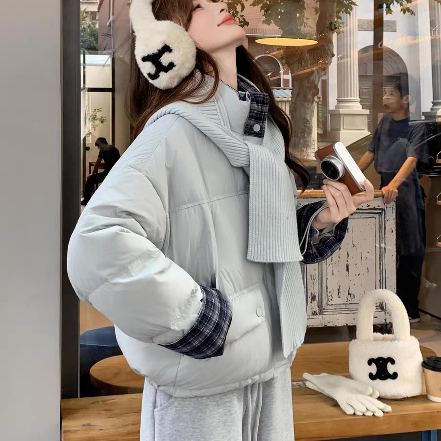 多多系格子加厚小个子面包服保暖羽绒服外套(配针织围巾帽)62735